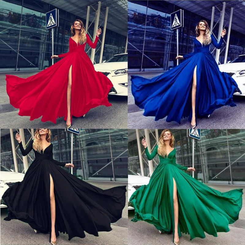 

2018 Europe and the United States new dress sexy deep V long sleeve dress party dress