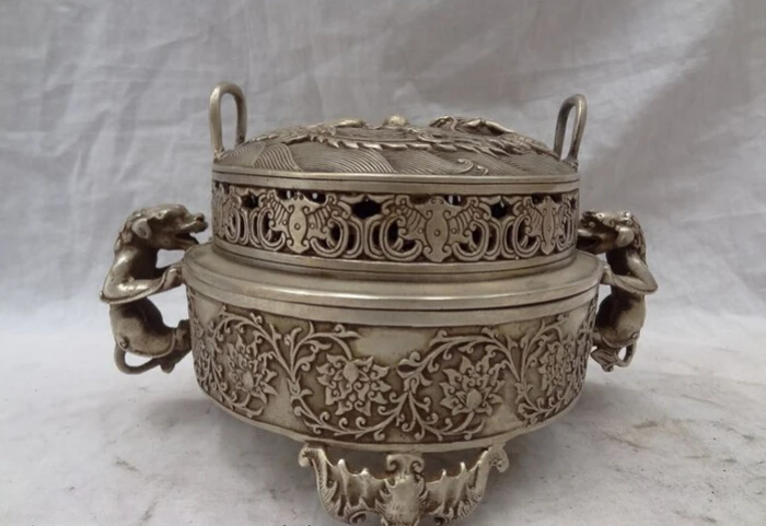 

S4175 9" Tibet Silver Flower Fly BAT Dragon Phoenix Statue Incense Burner Censer D0318