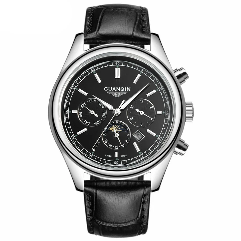 

GUANQIN GQ12001 nailed black Leather strap leisure business moon phase luminous waterproof sports quartz watch relogio masculino
