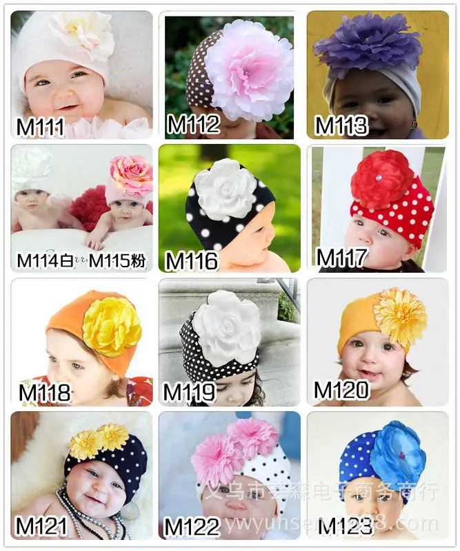 

cotton Solid color dot baby summer kids girl hats children big flower pile headwear cap muts photography props baby girl beanie