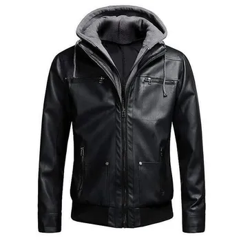 

Motorcycle Brand Leather Jackets Fake Men Two Pieces Bomber Leather Jacket Mens Slim Fit Hooded Jacket Winter Dropshipping