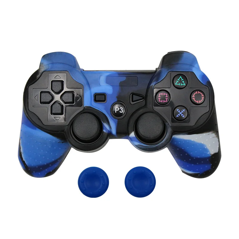Для PS3 контроллер геймпад Камо силиконовый резиновый чехол Защитный чехол для Playstation 3 джойстик с 2 силиконовые колпачки - Color: Blue