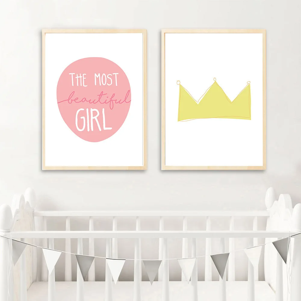 Baby Girl Nursery Wall Art Canvas Painting Cartoon Crown Posters and Prints Nordic Kids Decoraton Pictures Bedroom Decoration