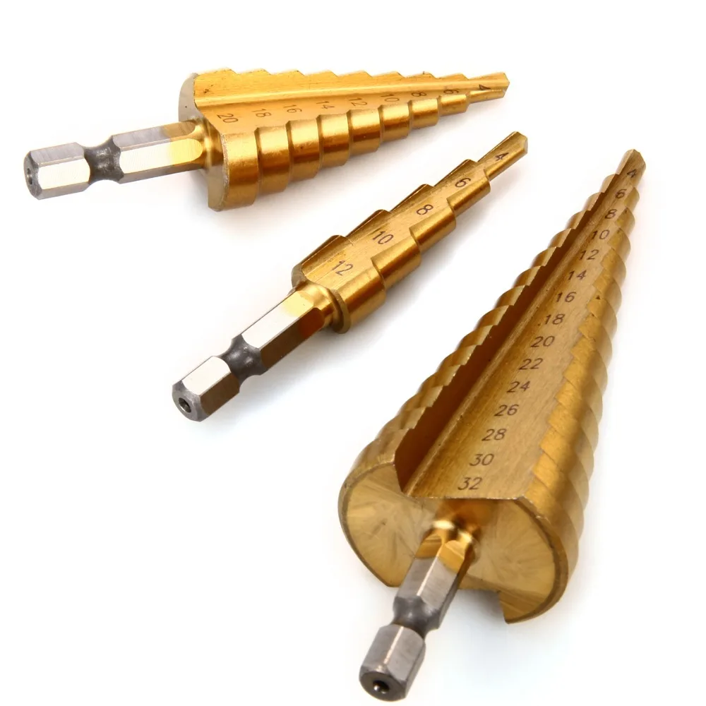 

YOFE 3Pcs/lot Metric Spiral Flute Step HSS Steel 4241 Cone Titanium Coated Drill Bits Tool Set Hole Cutter 4-12/20/32mm DB006