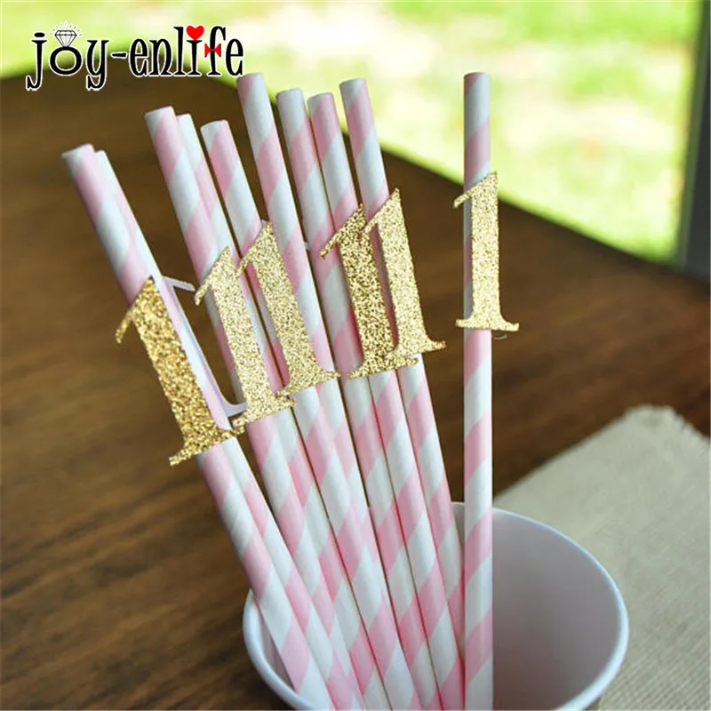 

JOY-ENLIFE 12pcs 1st Birthday Striped Straws Gold/Silver "1" Paper Drinking Straws Kids First One Years Birthday Party Supplies