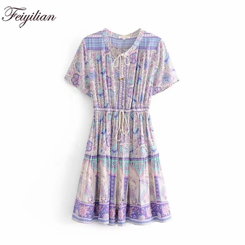 

lilac floral mini dress women retro summer v neck bell tassel chic dresses 2019 ladies boho vacation beach short dress