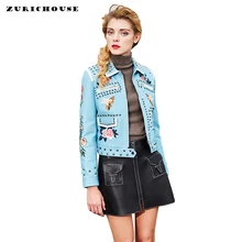 Высококачественная Женская куртка из натуральной кожи, шикарная мотоциклетная кожаная куртка с вышивкой и заклепками, женские высококачественные пальто из овчины