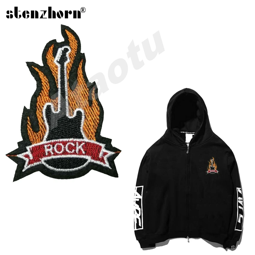 

Small Rock Flame Guitar iron on applique embroidery stickers cloth paste decoration patches for clothing Denim shirt