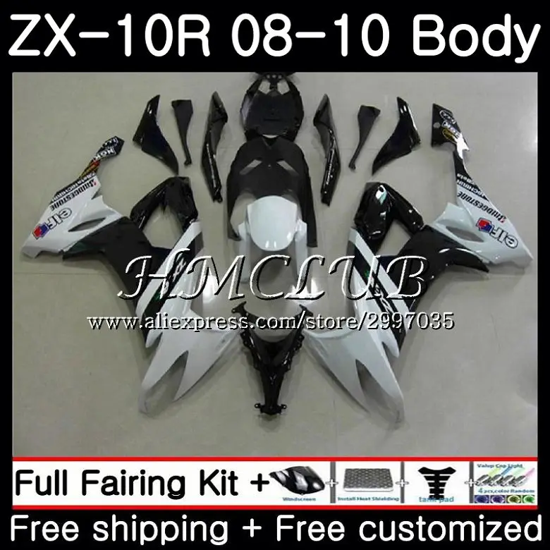 Корпус для KAWASAKI NINJA ZX10R ZX1000C 2008 2009 2010 63HC.17 ZX 10R 10 R ZX1000 ZX-10R черный белый 08 09 обтекатель