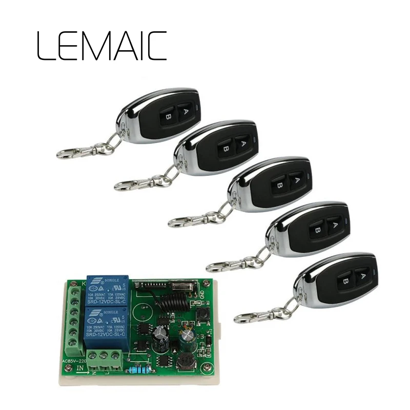 

LEMAIC 433Mhz Universal Wireless Remote Control Switch AC 240V 110V 220V 2CH Relay Receiver Module 5Pcs RF Remote Controls S35