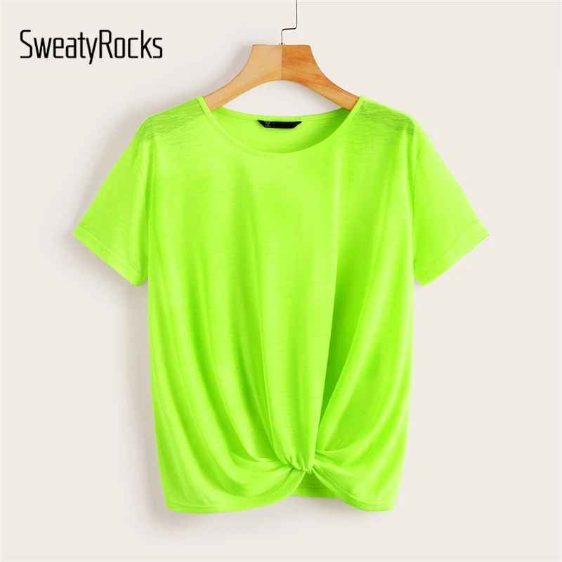 SweatyRocks, неоновый Лайм, крученый передний Топ, уличная одежда, тянущиеся зеленые футболки, летние повседневные женские одноцветные футболки