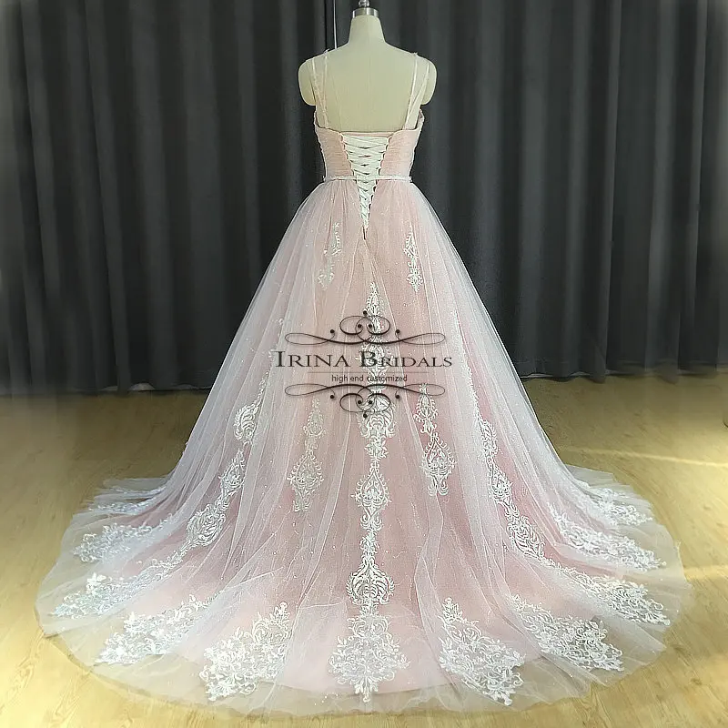 Тонкие хрустальные лямки Irina Bridals сверкающее блестящее розовое свадебное платье