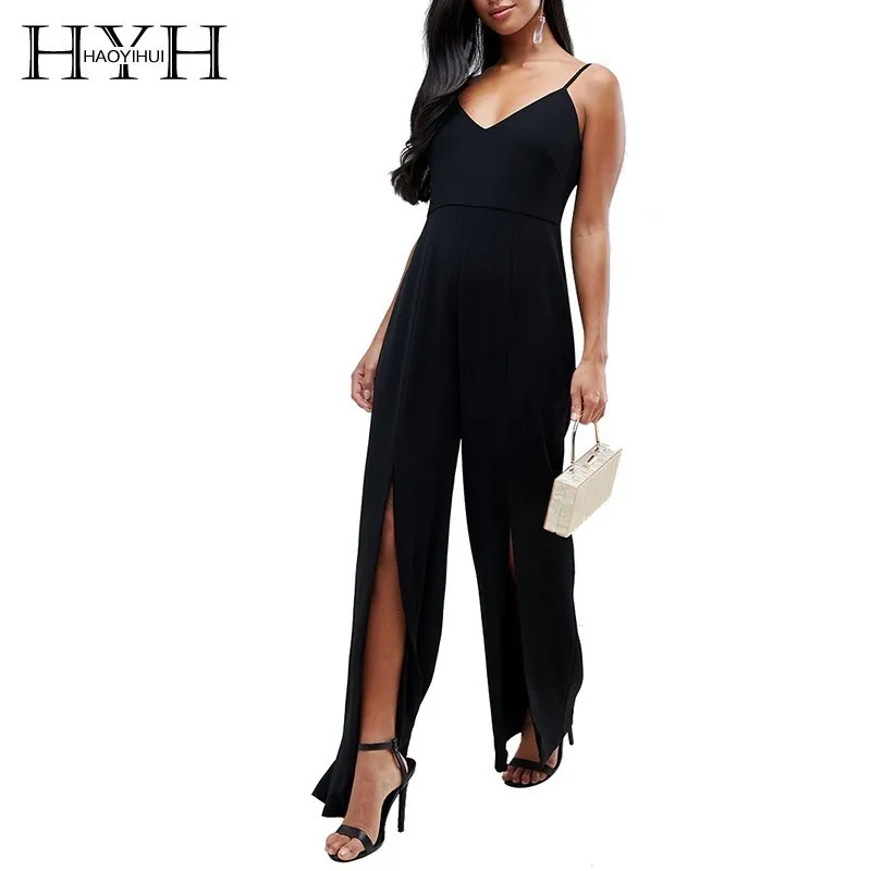 

HYH Haoyihui Femme Summer Stylish Sexy Commuter Trousers Solid Color Black Jumpsuits V Collar Slits Drawstring Easy Match
