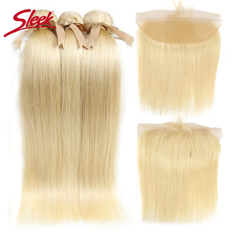 

Sleek 613 Honey Blonde Bundles With Frontal Human Hair Bundles Blonde Peruvian Straight Hair 3/4 Bundles With Frontal Closure
