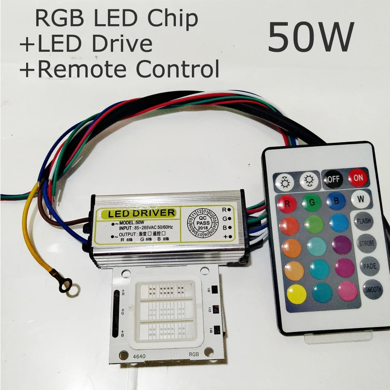 LED Diode 50W RGB Chip+Driver+Remote Bead DIY COB High Power 24 Key Super Bright Dimmer Colorful 1 Set Bulb Flood Light | Лампы и