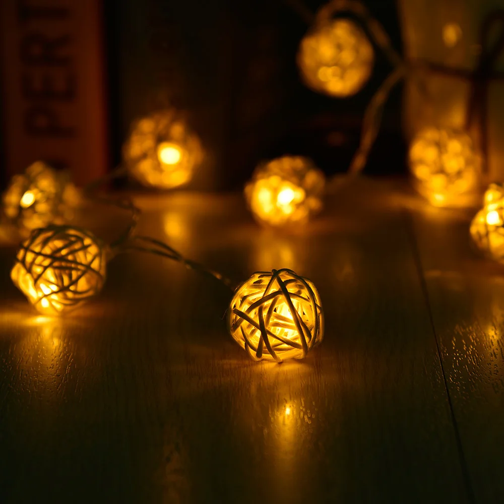

1m 10leds Rattan Ball LED String Light Battery Power LED Garlands Lamp Holiday Patio Garden Christmas Decoration Fairy Lights