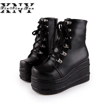 

XIUNINGYAN Big Size 33-43 Women Ankle Boots Hot Sale Cosplay High Heel Wedges Shoe Woman BLACK WHITE Autumn Lace up Winter Boots