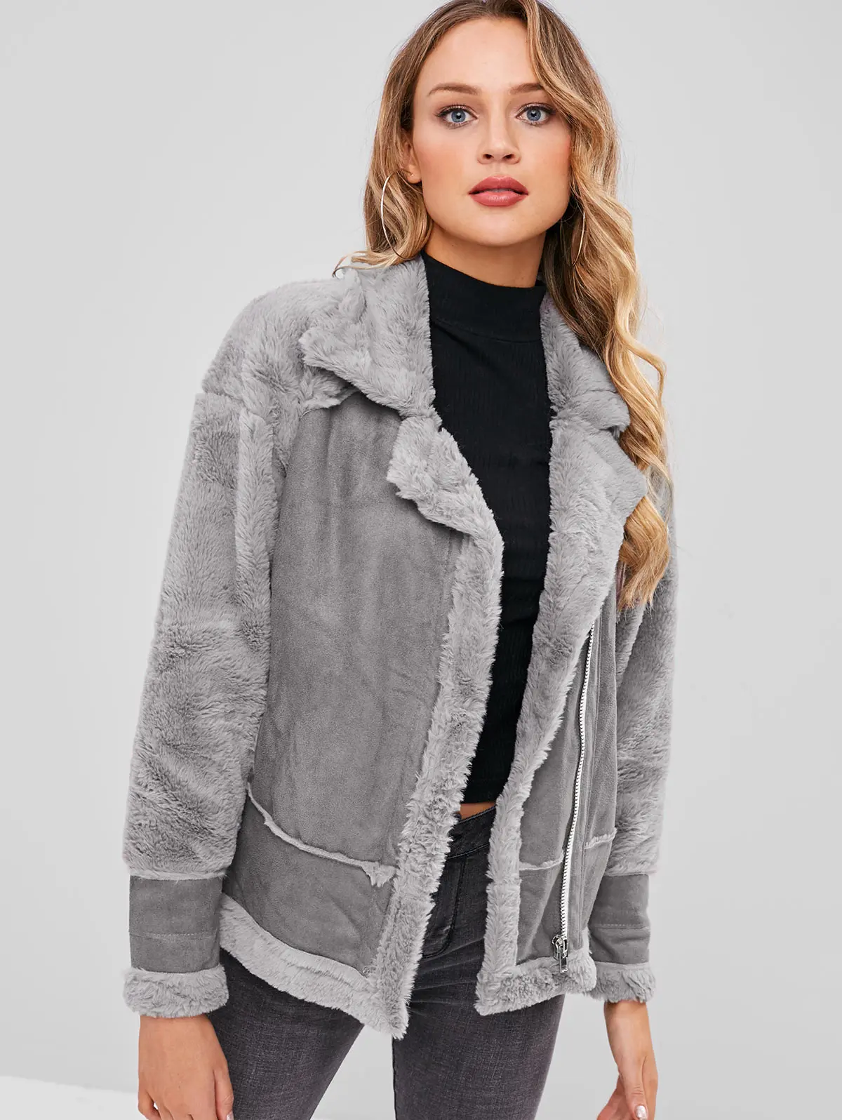 

ZAN.STYLE Faux Fur Drop Shoulder Women Coat Thick Warm Winter Contrast Suede Outwear Jacket Casual Streetwear Zip Cut Out Coats