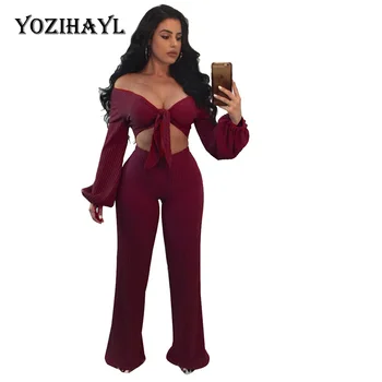 

YOZIHAYL Women Knitted 2 Piece Sets Autumn Solid Color Long Sleeve Two Piece Sets Sexy Club Off Shoulder Crop Tops and Pants