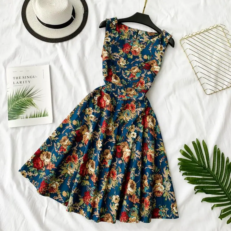 

Korean Fashion Flower Print Round Collar Sleeveless High Waist Slim A-line Casual Dress Women Vestidos E364