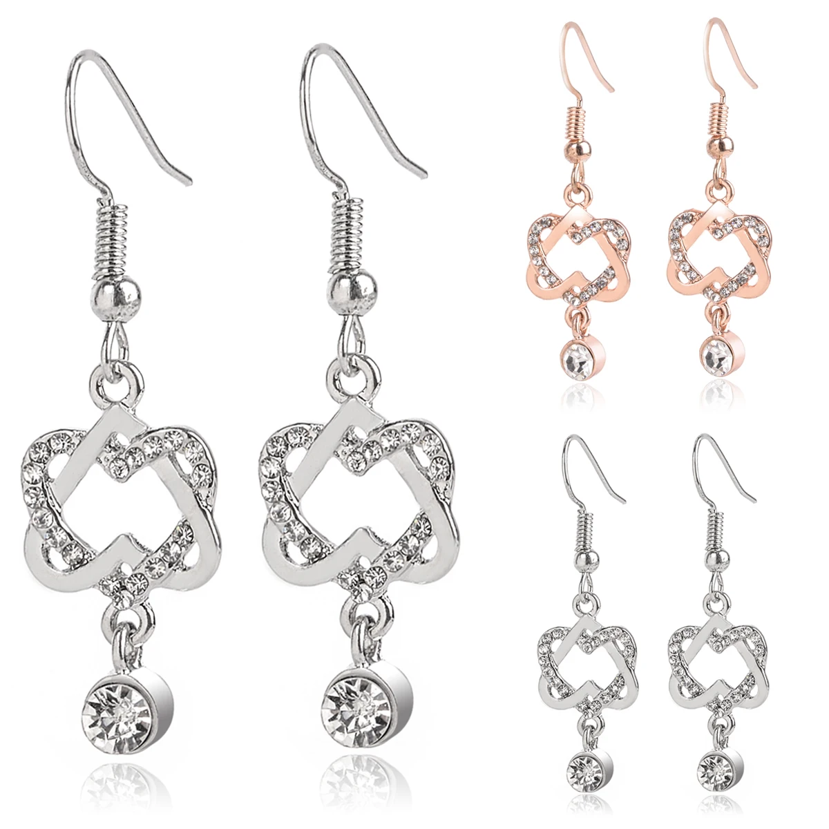 Crystal Drop Long Earrings Loverly Double Heart Dangle Earring For Women Femme Silver Gold Clolor Jewelry Bijouterie Shellhard