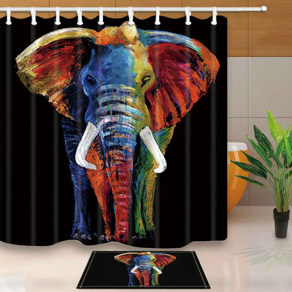 

Shower Curtains Artistic Color Elephant on Black Bathroom Curtains Polyester Fabric Waterproof and Mildew Proof With 12 Hooks