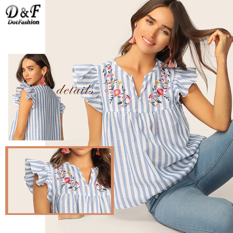 Dotfashion V-cut Neck Blouse Women Ruffle Armhole Floral Embroidered Summer Top 2019 Fashion Blouses For Women Blue Striped Tops
