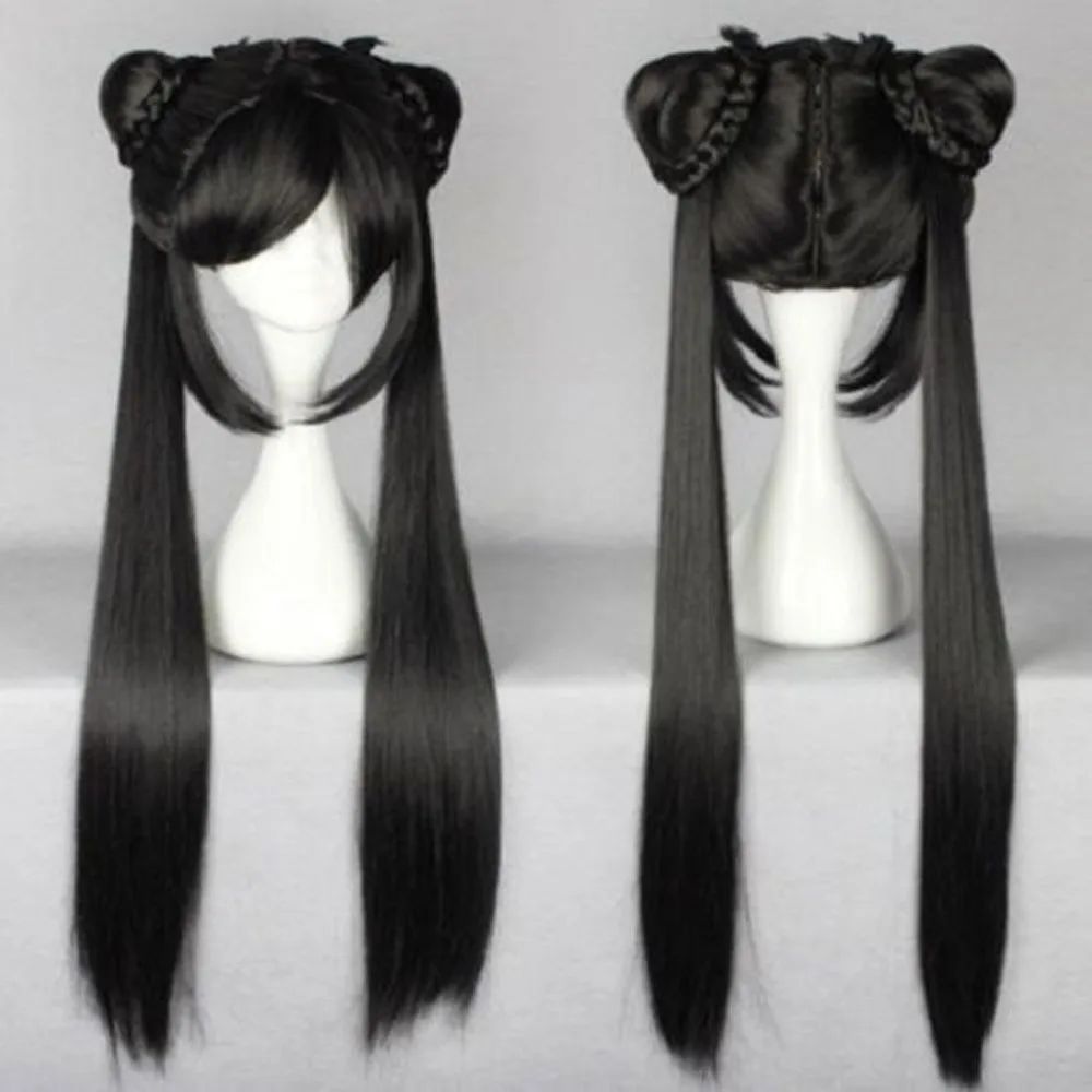 

80cm long black Straight Lolita Women Wig With Two Ponytails Anime Cosplay Wig