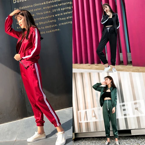 

2019 New Fashion Casual Pocket Two Piece Set Chic High Waist Zip Conjunto Feminino Striped Patchwork Brief Women's Tracksuits
