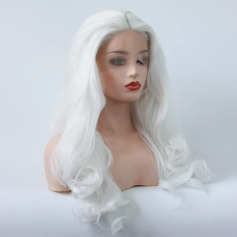 alt=``Snow White Synthetic Lace Front Wigs Heat Resistant Fiber Hair Long Body Wave Wig For Women Middle Part Cosplay Wig``-1