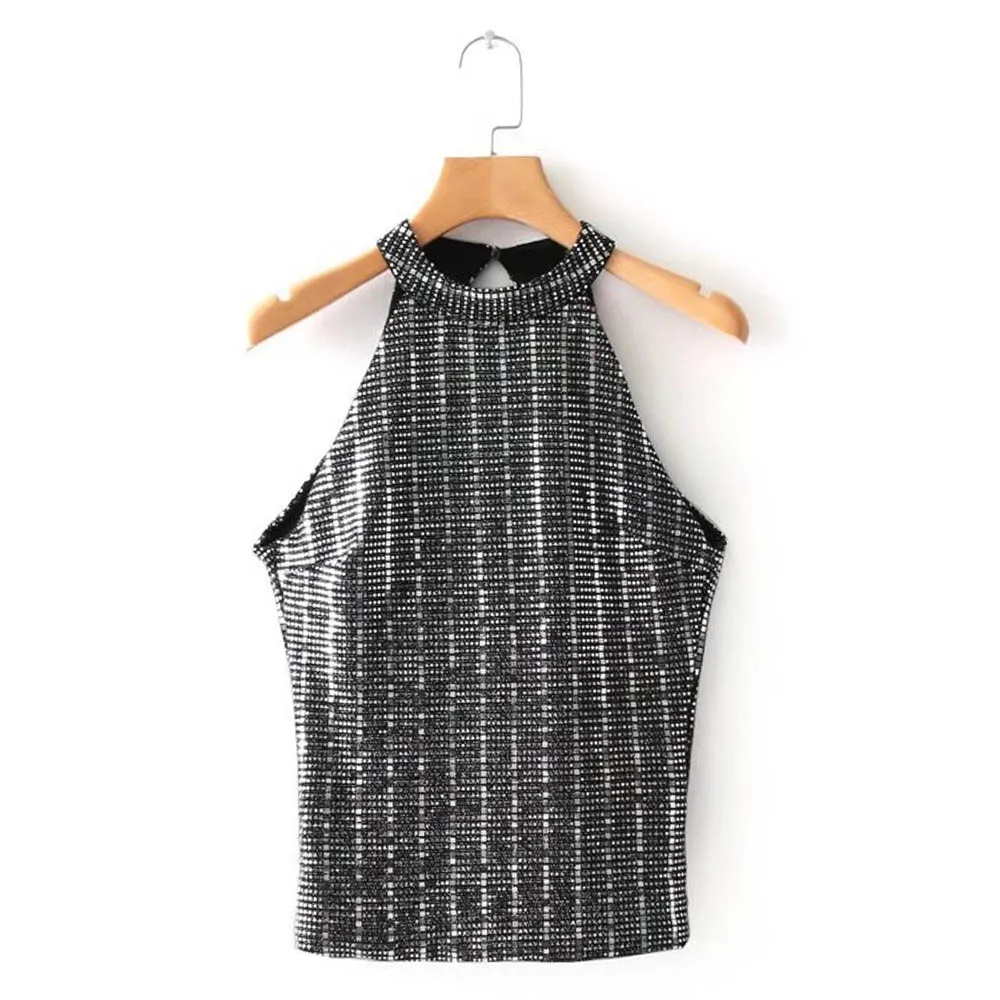 

ANSFX Sexy Metal Rivets Holiday Halter Neck Camis Hollow Out Backless Crop Top Stylish Women Camisetas Strappy Bra Tank Vest Tee