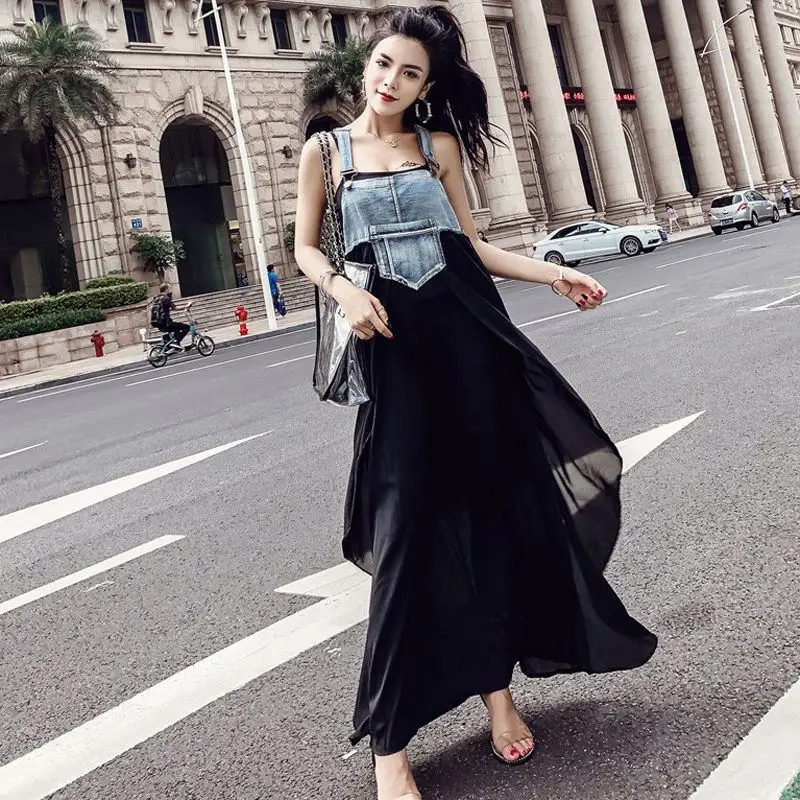 

2019 Maxi Dress Women Summer Denim Jeans Chiffon Patchwork Tank Dress Lady Irregular Hem Dresses Of The Big Sizes Vestidos Y145