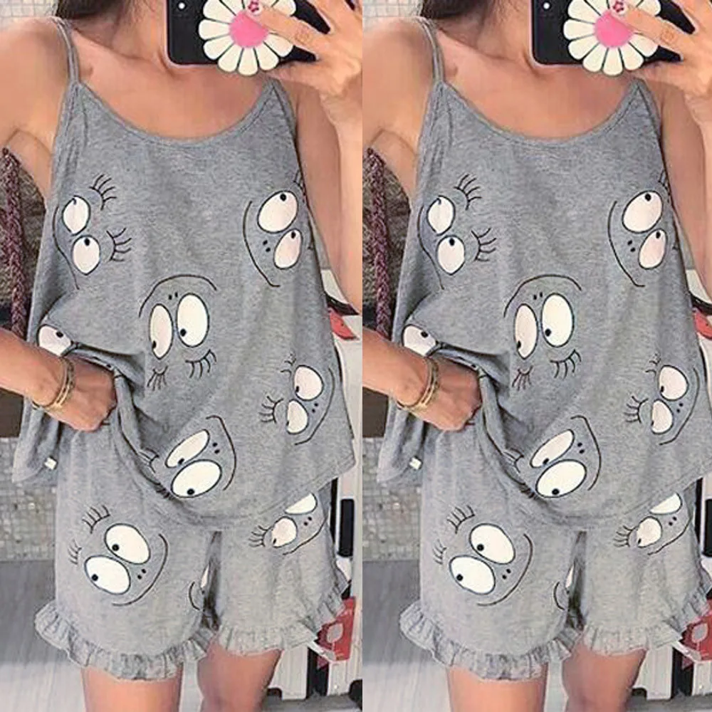 szlafrok damski Shine Plus Size Women Print Tee and Shorts Pajama Sets Short Sleeve Tshirt With Ruffle Hem Shorts Sleepwear Set