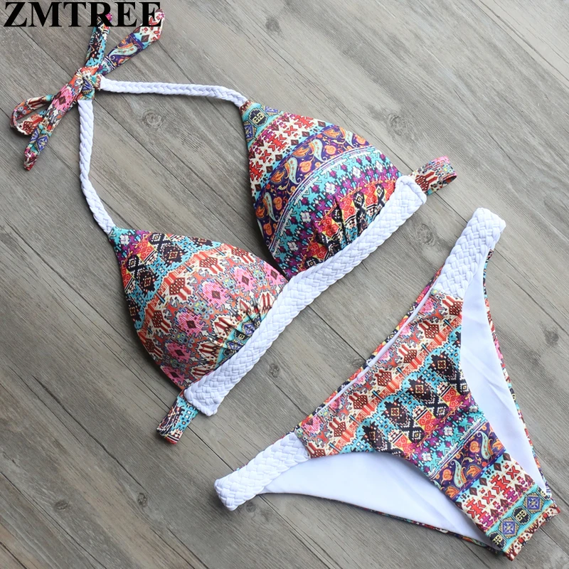 

ZMTREE 2017 Retro Printed Bikini Women Halter Swimsuit Crochet Swimwear Bikini Set Female Brazilian Biquinis Beach Bathing Suit
