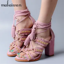 Cute Pink Women Genuine Leather Tassels Summer Sandals Rivets Fringed High Heels Wedding Shoes Woman Gladiator Ladies Pumps