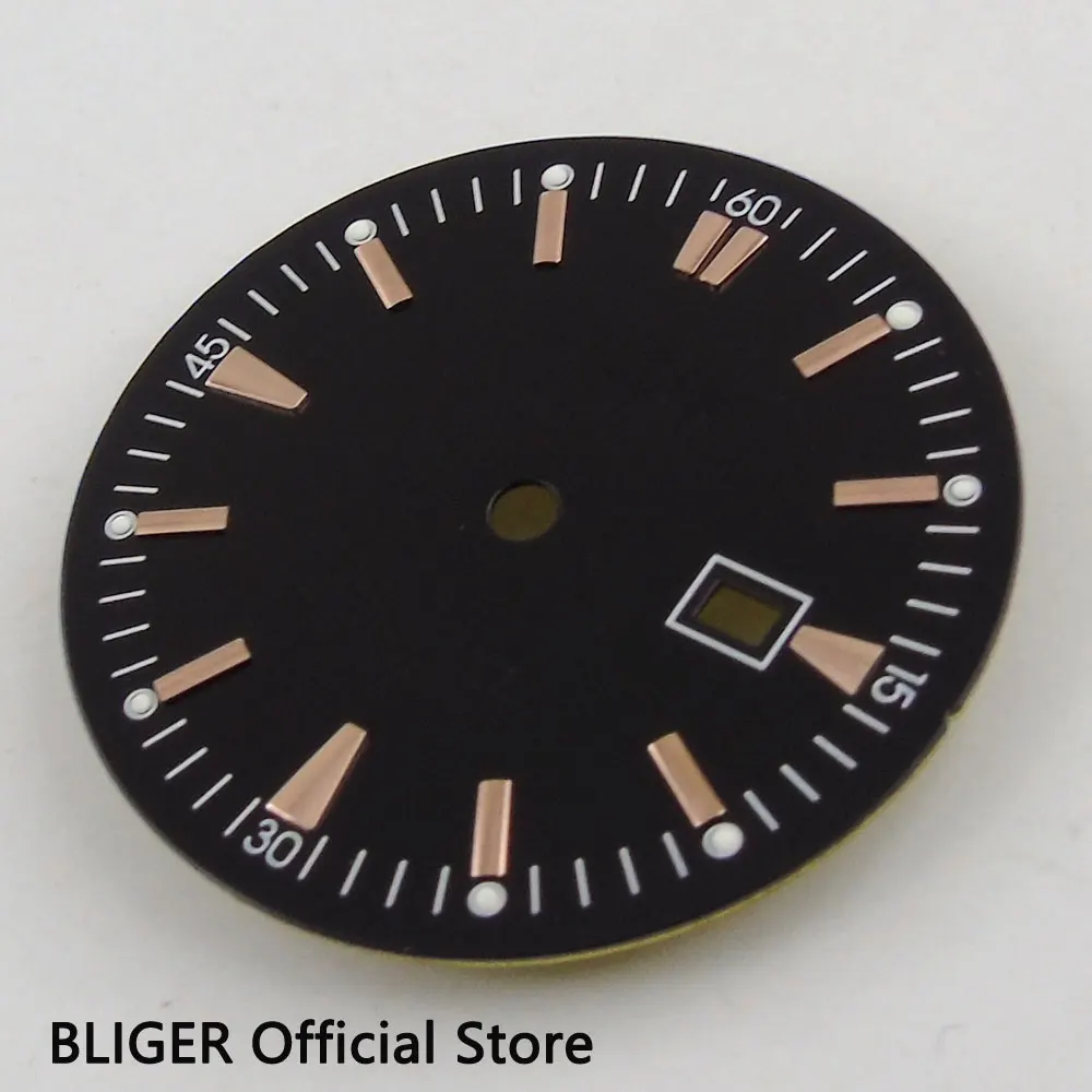 Mostrador do Relógio Apto para Miyota Clássico Estéril Preto Dial Rose Ouro Marcas Data Janela 8205 8215 Mingzhu 2813 Movimento D64 34.8mm