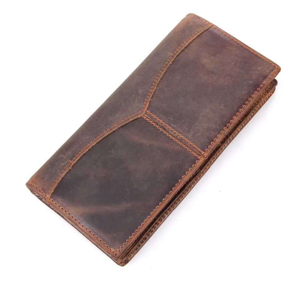 

Stylish Patchwork Retro Long Wallet For Boys Durable Crazy Horse Leather Plain Card Purse Men Practical Buckle Bifold