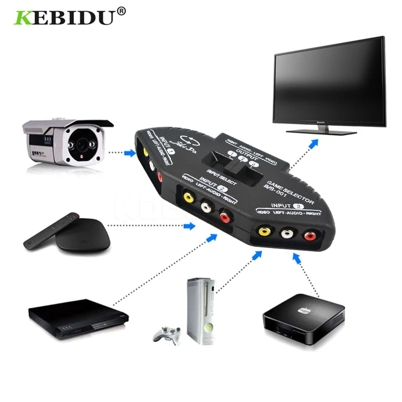 

kebidu Black 3 Ports Video Game Switch Selector Splitter Audio Cable AV RCA for XBOX PS Wii Wii TV DVD
