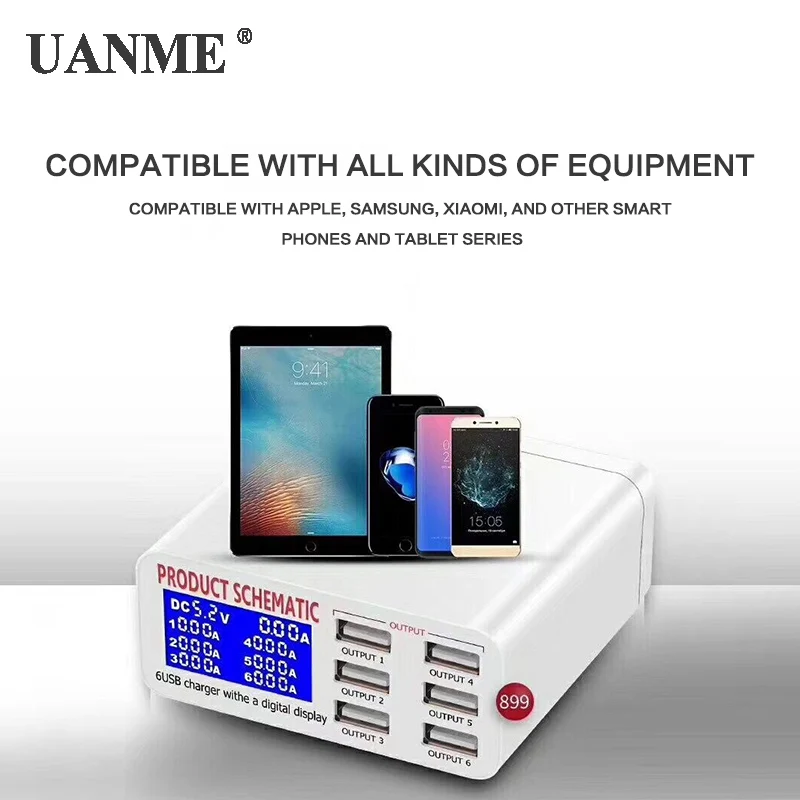 Умное зарядное устройство USB UANME QC3.0 со светодиодным дисплеем 6 портов быстрая