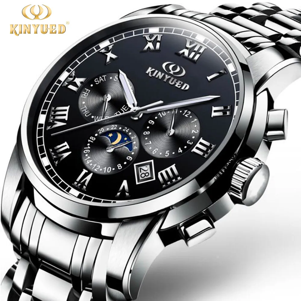 

KINYUED Mens Watches Top Brand Luxury Mechanical Watches Man Clock Business Hands Date Moon phase Automatic Watch Reloj Hombre