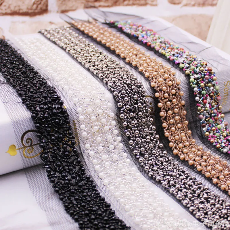 

5Yards Handmade White Black Beads Lace Rhinestone Mesh Ribbon Applique Sewing Accessories Crafts For Clothes Wedding Dress