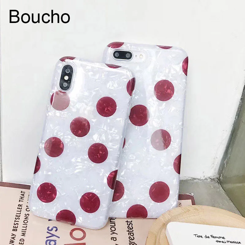 

Boucho Lovely Conch Soft IMD Phone Case for iPhone 6 6s 7 8 Plus Wine Red Wave Point Pattern Back Cover for iPhone X 8Plus Shell