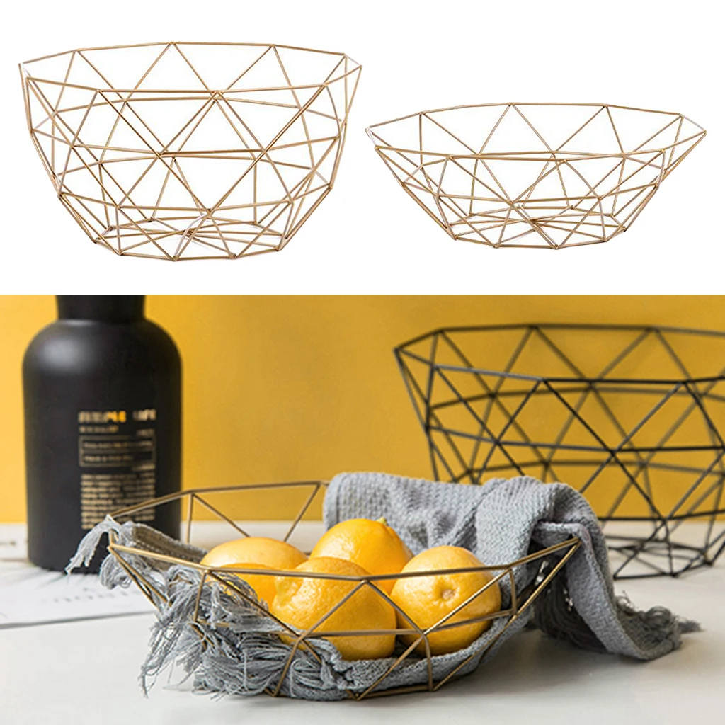 Fruit Basket Rack Stand Holder Storage Chrome Metal Geometric Bowl Wire Decorative Storage Display for Living Room Home Office