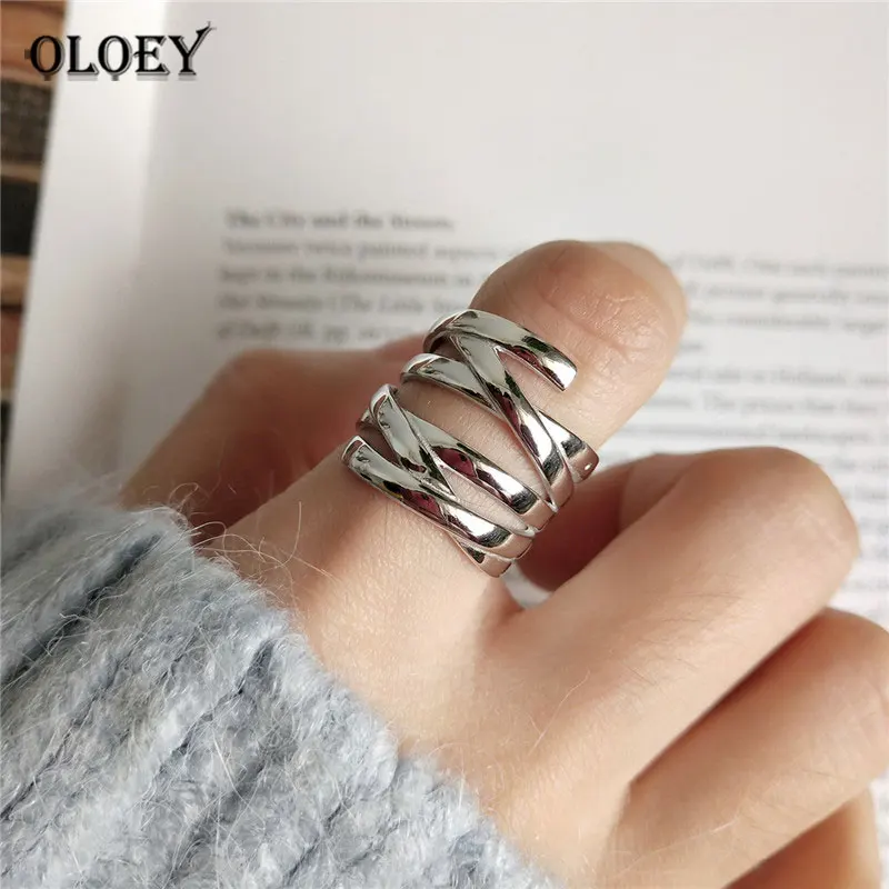

OLOEY Genuine 925 Sterling Silver Open Rings for Women Men Korean Vintage Multi-layer Line Weave Rings Fine Jewelry Gifts YMR853