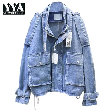 

Spring Women New Brand Stand Collar Tooling Jeans Jacket Casual Loose Plus Size Big Pockets Zipper Fly Drawstring Denim Coats