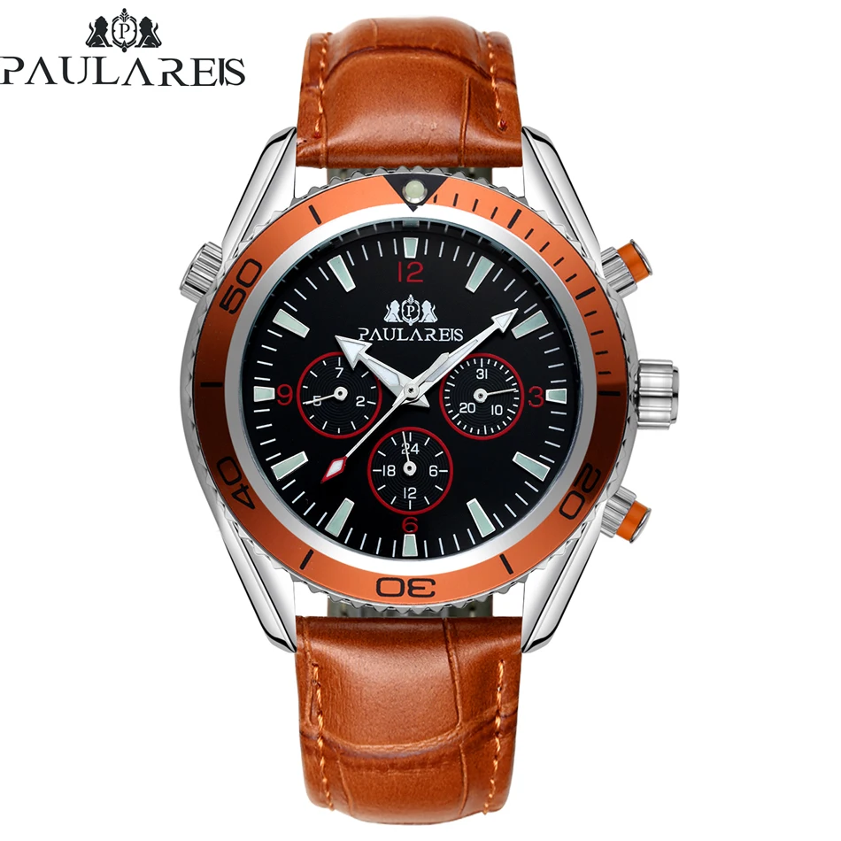 

Automatic Self Wind Mechanical Orange Blue Black Leather Rubber Stainless Steel Strap James Bond 007 Style Classic Men Watch