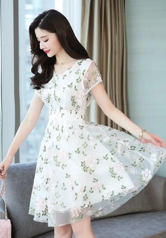 

V-neck mesh printing dress Summer Floral Chiffon Vintage Sexy sundress Bodycon Elegant Women dresses Party Casual Beach Vestidos