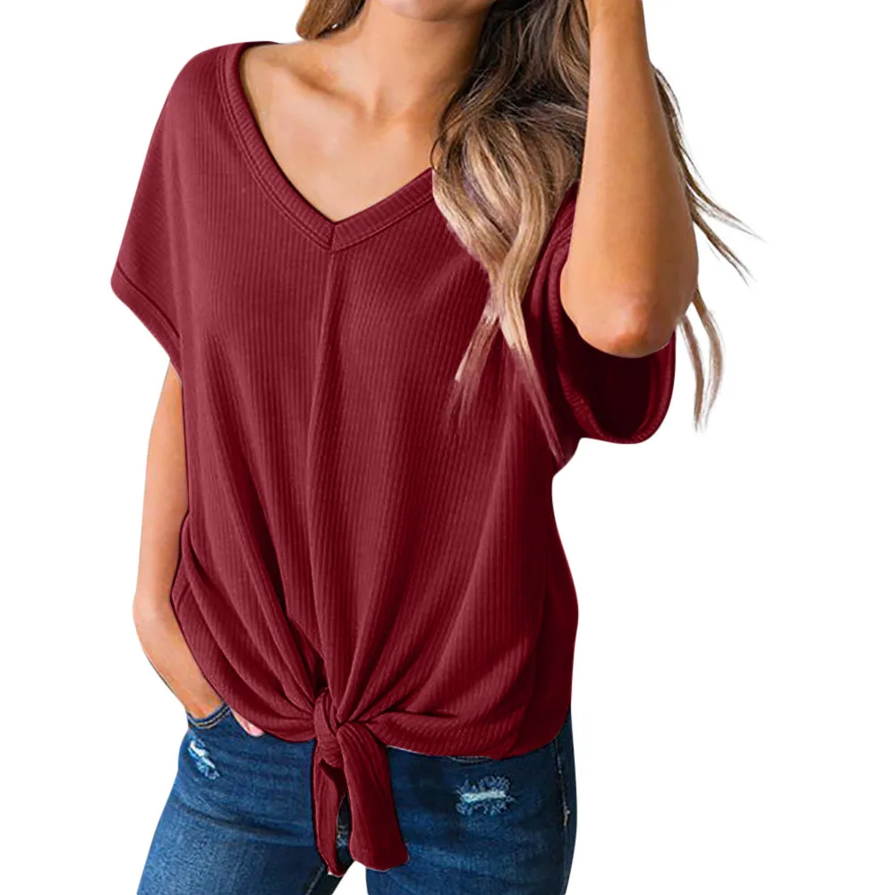 

SAGACEC Women's T-Shirt Casuasl Solid V-Neck Short Sleeve Bandage Loose T-Shirt For Women Top Female T-shirt 2019 Summer Top Tee