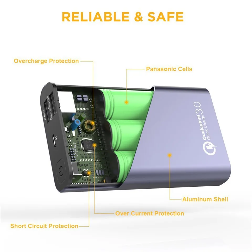 Easyacc 10000mAh внешний аккумулятор 5V/2.4A тонкий Quick Charge 3 0 18650 Внешний двойной порт