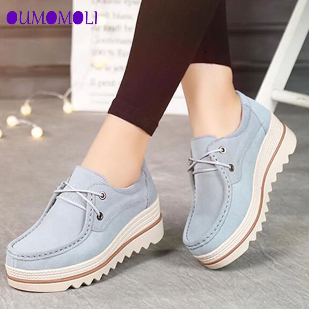 

2019 Spring autumn women flats female leather suede platform sneakers shoes women lace up casual flat creepers moccasins shoes